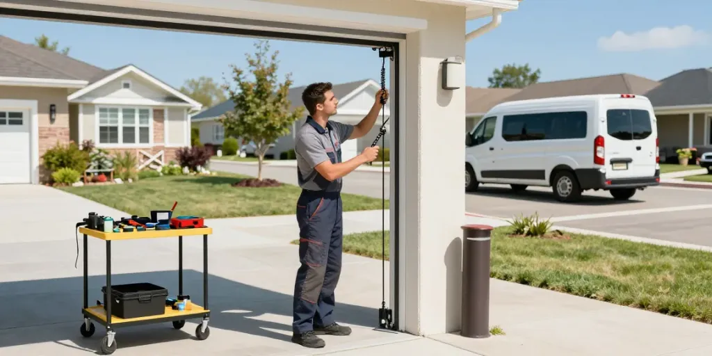 Same day garage door repair technician adjusting springs in a suburban driveway, emphasizing efficient service.