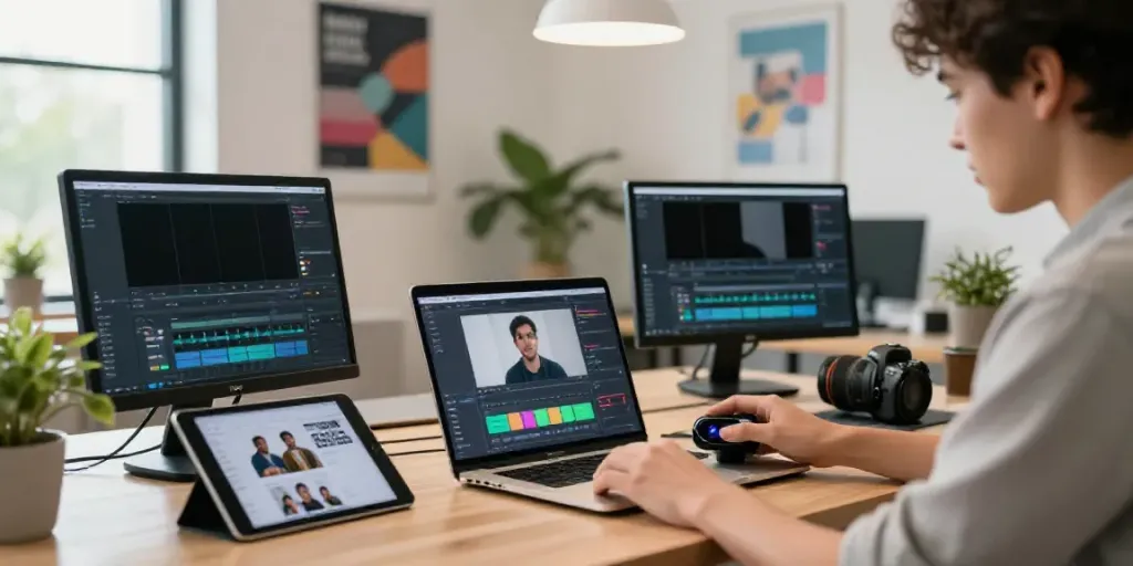 AI short video generator workspace with professional creating engaging videos on laptop, showcasing a bright and innovative tech environment.